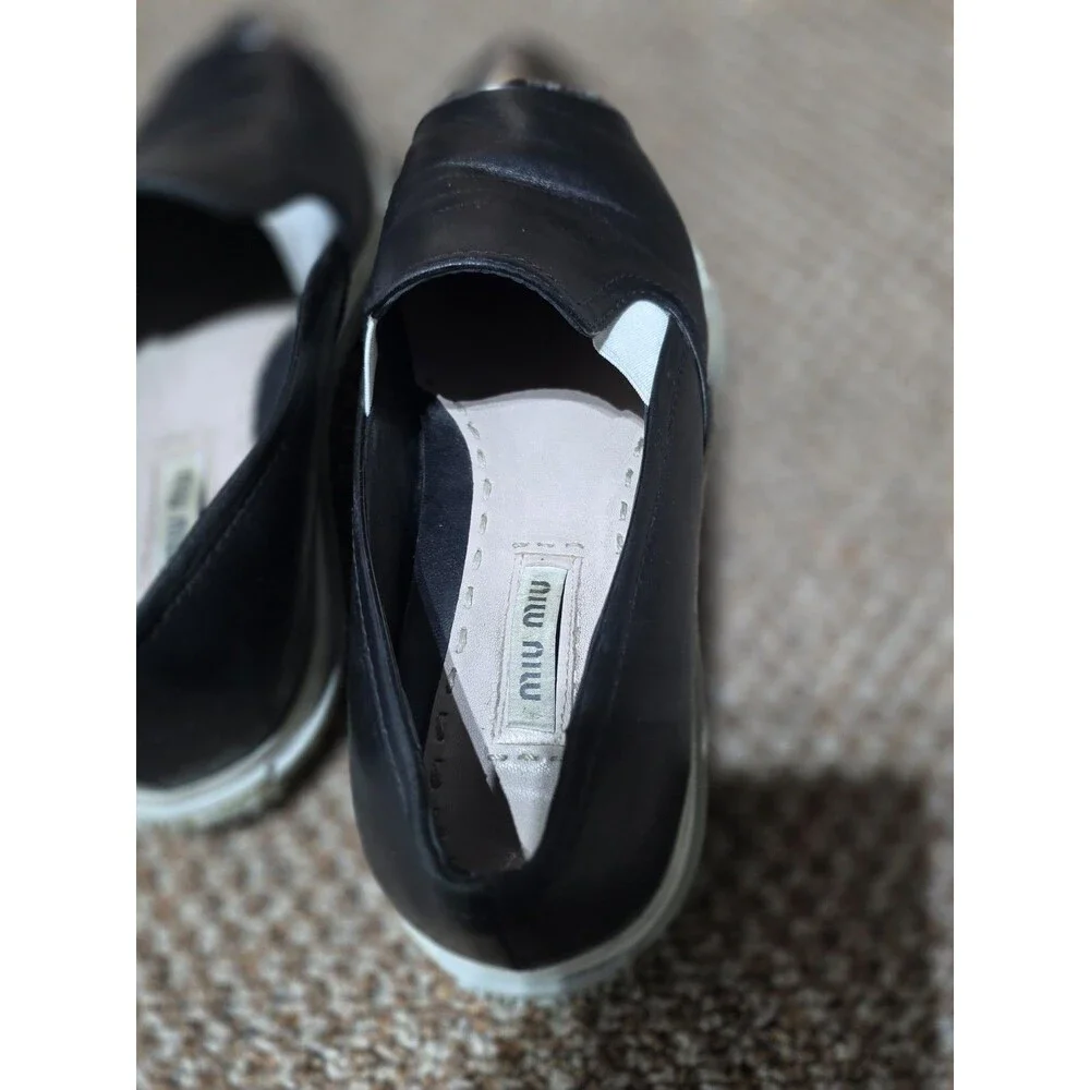 Miu Miu Loafers Women's 36.5 Black Leather Silver Toe Cap Slip On Luxury Shoes - Picture 9 of 9